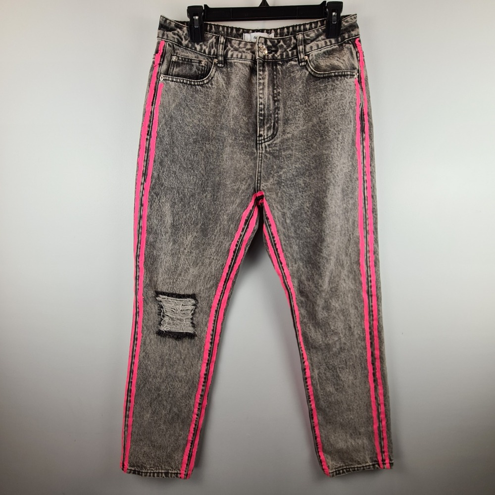Adika Womens Gray Acid Wash Neon Pink Stripe Distressed High Rise Mom Jeans L